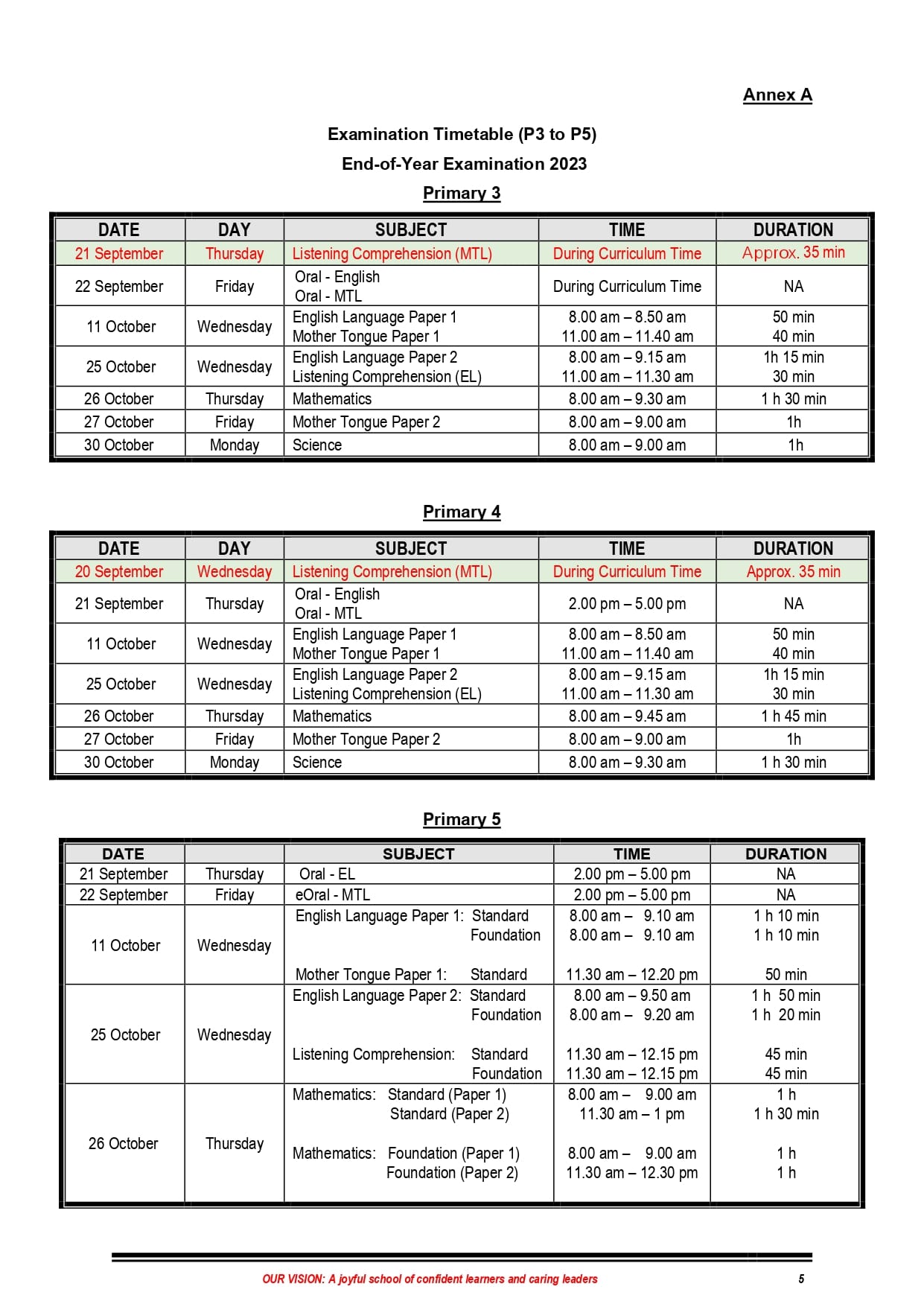 Examination timetable for Primary 3 to 5 End-of-Year 2023 showing dates, subjects, times, and durations.